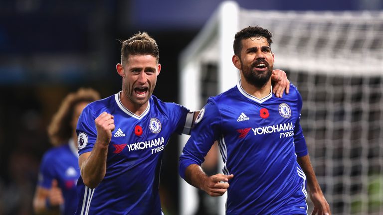 Diego Costa celebrates scoring for Chelsea with Gary Cahill