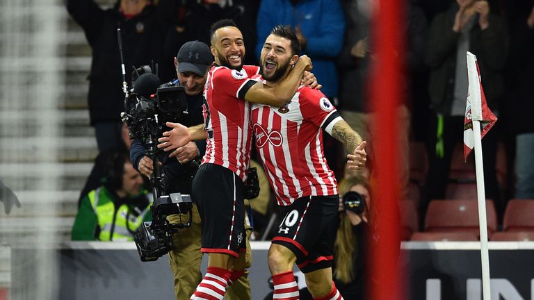 Nathan Redmond celebrates with Charlie Austin 