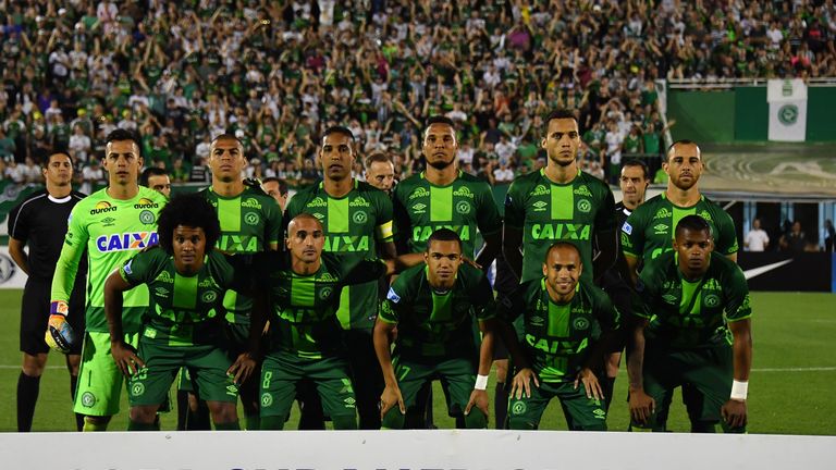 Brazil's Chapecoense players pose for pictures during their 2016 Copa Sudamericana semi-final