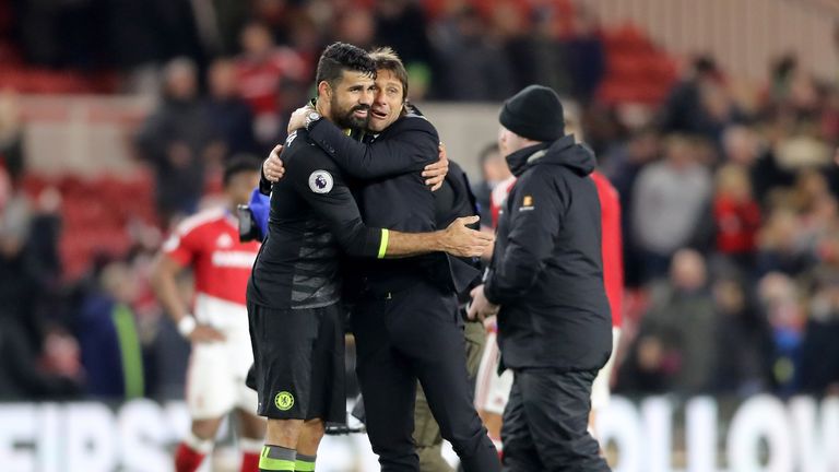 Costa celebrates with Chelsea manager Antonio Conte