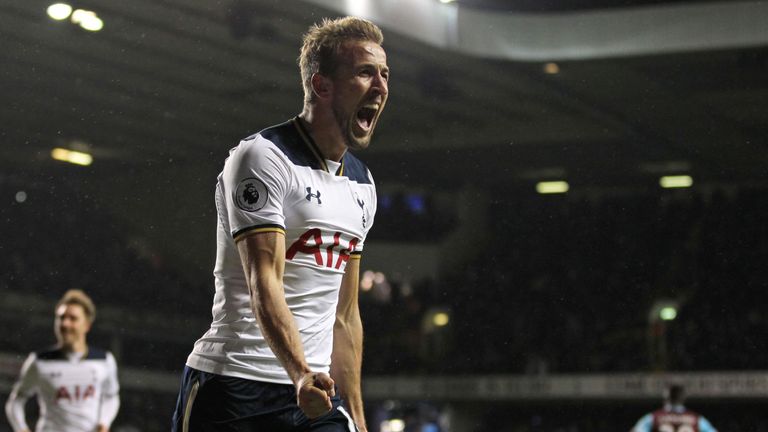 Harry Kane celebrates after scoring has scored four goals in four games since his return from injury