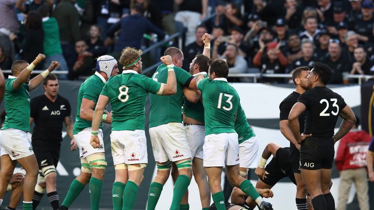 Ireland celebrate their first test win over New Zealand