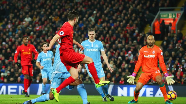 Lallana shoots past Stoke goalkeeper Lee Grant