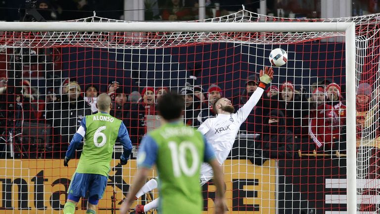 Seattle Sounders goalkeeper Stefan Frei (24) makes a save in overtime during the MLS Cup final a year ago