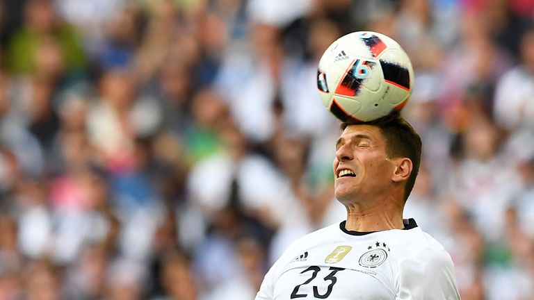 Gomez heads the ball during the Euro 2016 round of 16 match between Germany and Slovakia