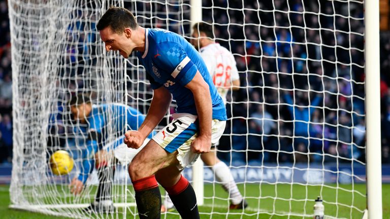 Rangers' Lee Wallace celebrates his equalising goal