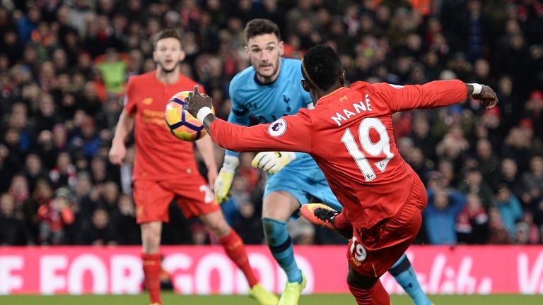 Liverpool foorward Sadio Mane (right) scores his second goal against Spurs