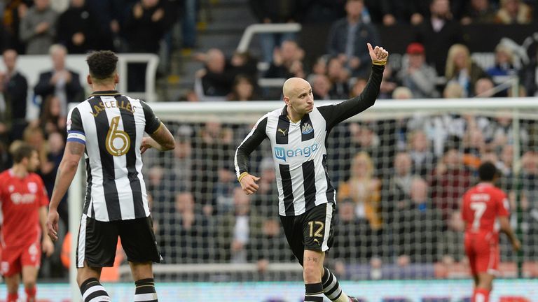 Newcastle United's Jonjo Shelvey thought he got one back - but it was given as a Korey Smith own goal