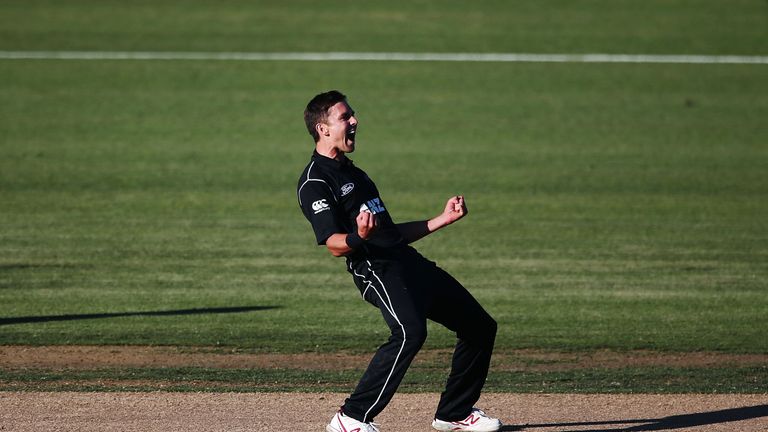Trent Boult celebrates taking the final wicket in Hamilton