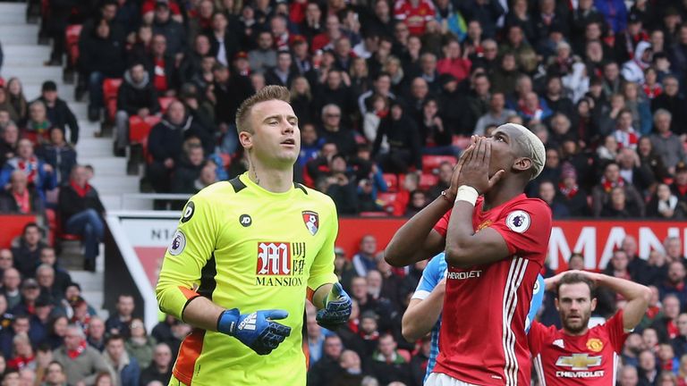 Pogba shows his frustration after a missed chance against Bournemouth