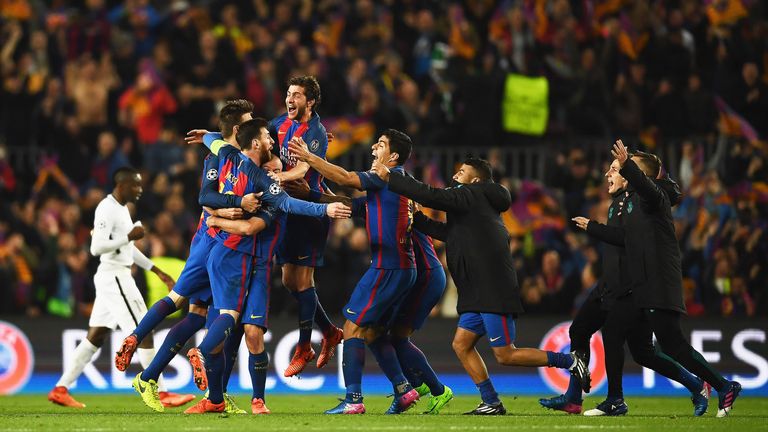 Barcelona players celebrate after coming back from a 4 goal, first leg deficit to beat PSG 6-5 on aggregate