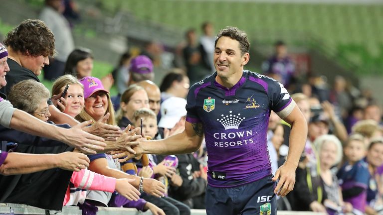 Billy Slater celebrates with Storm supporters after their win over Brisbane
