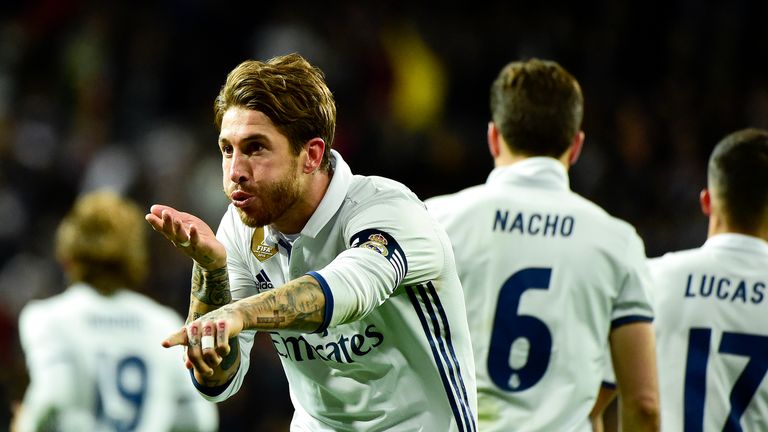 Sergio Ramos celebrates after scoring against Real Betis
