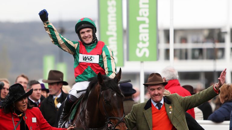 Tom Scudamore celebrates Un Temps Pour Tout's second Ultima Chase win
