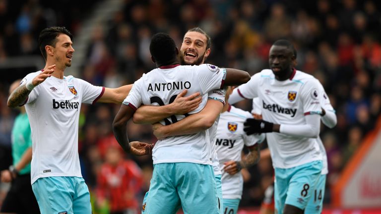 Michail Antonio (centre) is congratulated after giving West Ham the lead at Bournemouth