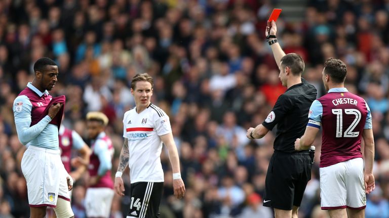 Jonathan Kodija of Aston Villa was sent off in the 22nd minute
