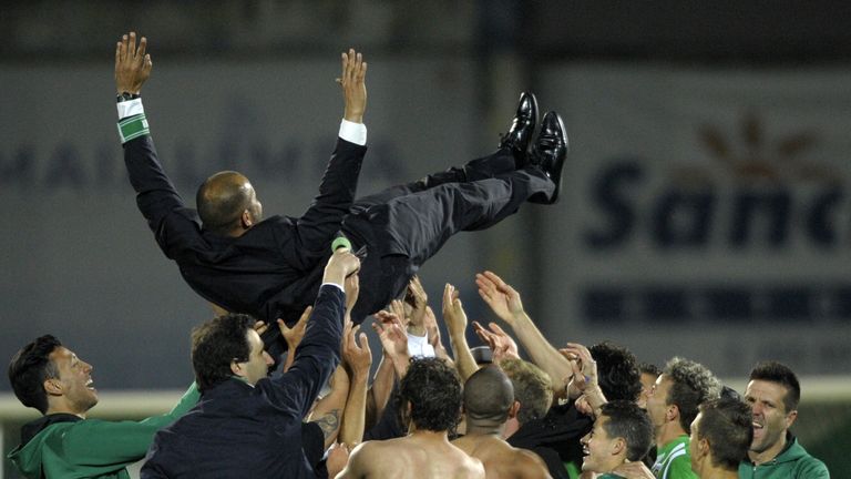 Nuno is tossed in the air after Rio Ave's cup win over Braga in April 2014