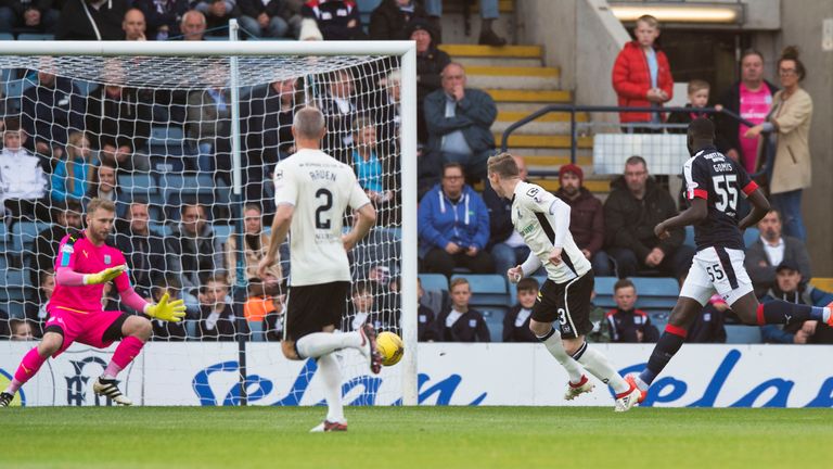 Billy McKay (second from right) opens the scoring for Inverness at Dens Park