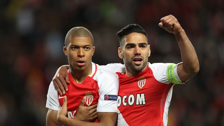 Mbappe celebrates with Monaco team-mate Radamel Falcao