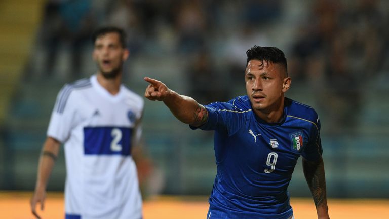 Gianluca Lapadula celebrates the first of his three goals against San Marino