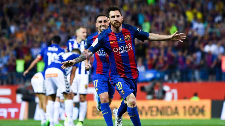 Lionel Messi celebrates his goal against Alaves