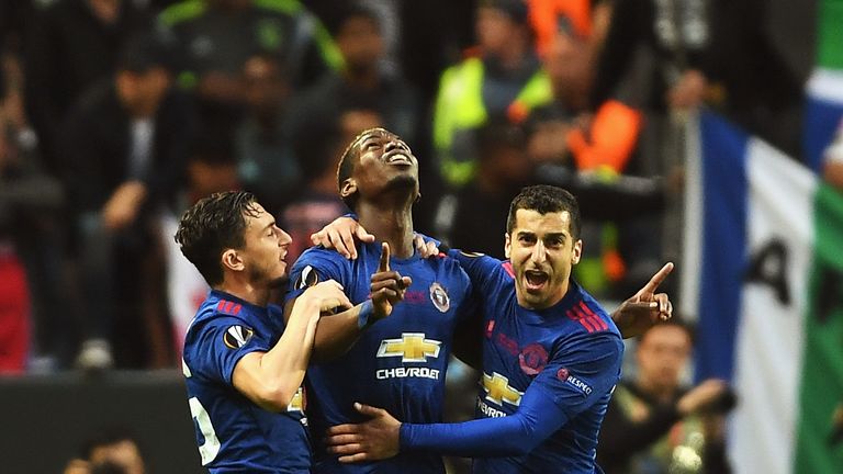 Paul Pogba celebrates scoring Manchester United's first goal in the final 