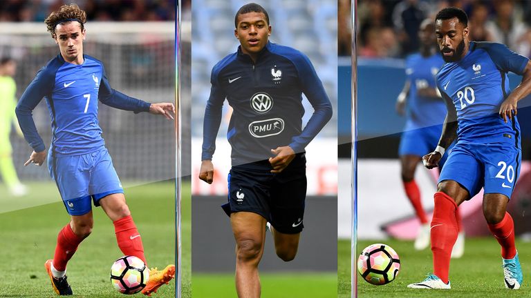 France forwards Antoine Griezmann, Kylian Mbappe and Alexandre Lacazette