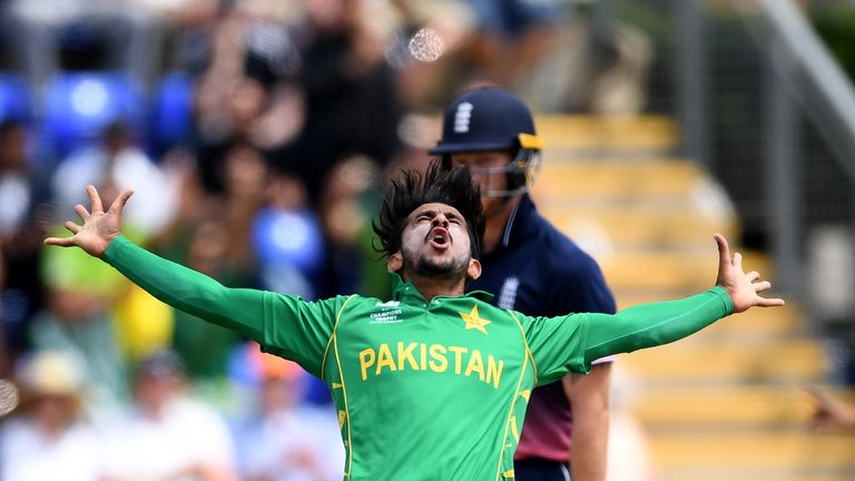 Hasan Ali celebrates after dismissing England captain Eoin Morgan in Pakistan's semi-final win