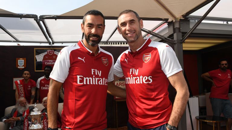 Robert Pires poses with Martin Keown at Arsenal's kit launch