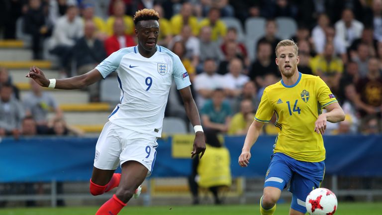 England's Tammy Abraham looks to get in behind the Sweden defence