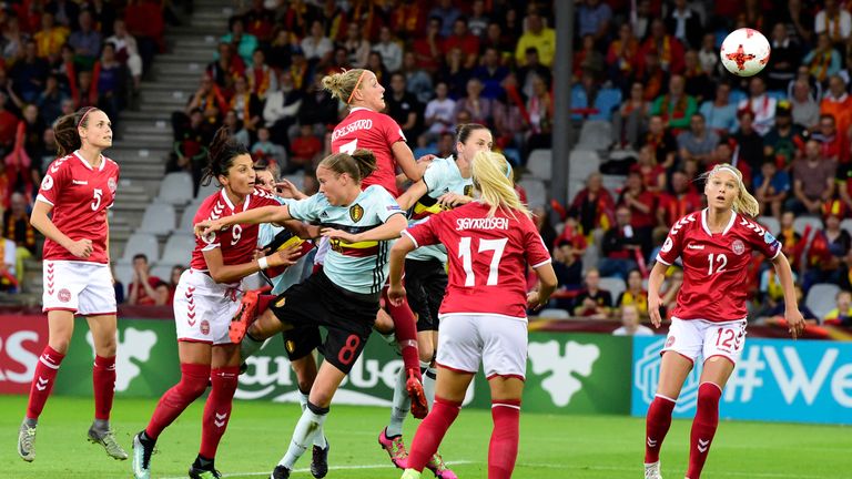 Denmark's midfielder Sanne Troelsgaard nods home the only goal of the game