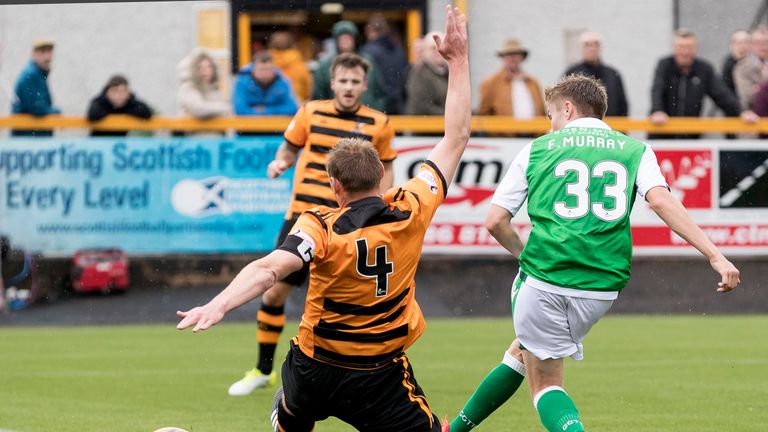 Hibernian's Fraser Murray scores to make it 1-0 at Recreation Park