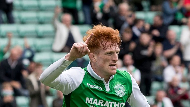 Simon Murray celebrates after scoring the opening goal for Hibs