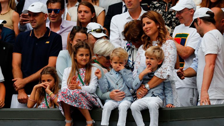 Mirka Federer celebrates with her children Charlene Riva, Myla Rose, Lenny and Leo