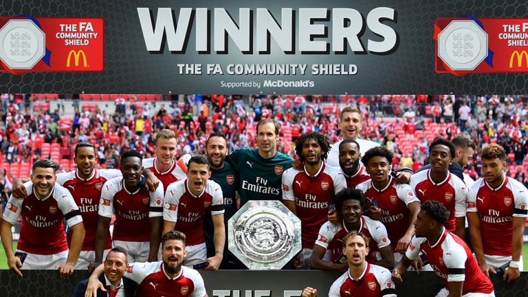 Arsenal celebrate their Community Shield triumph over Chelsea