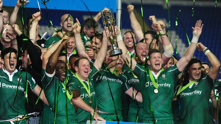 London Irish celebrate their Championship victory last season