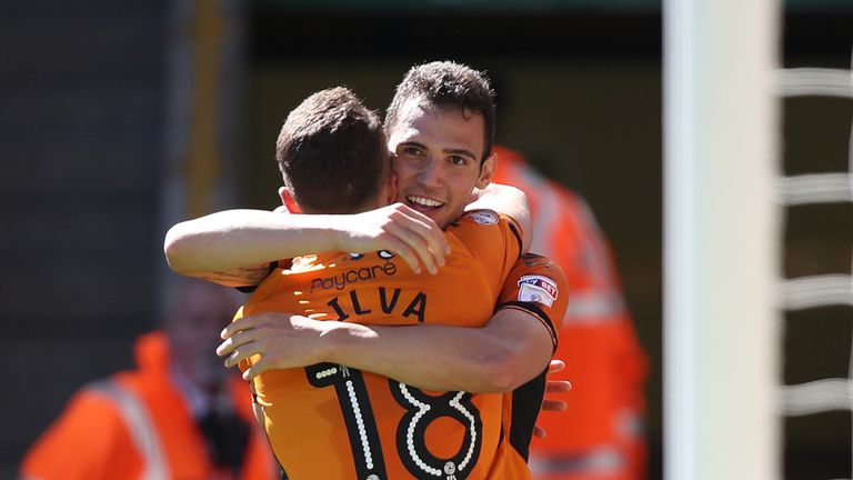 Leo Bonatini (right) celebrates scoring his debut goal for Wolves