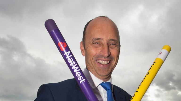 Commentator Nasser Hussain with Rainbow Stumps during the fourth day of the fourth Test