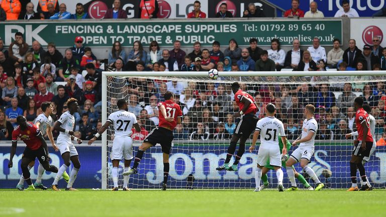 Paul Pogba leaps highest to head against the crossbar