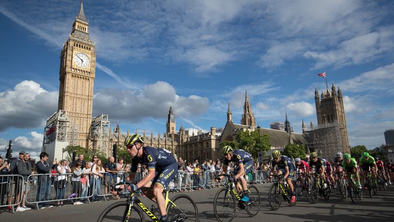 The pro peloton races through Westminster during the London-Surrey Classic