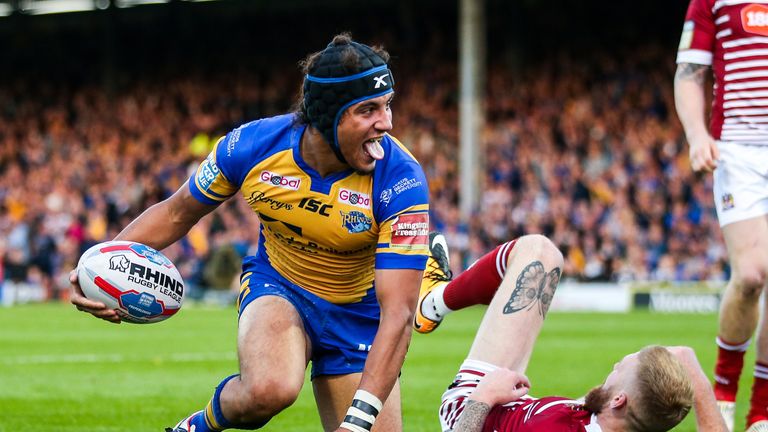 Ashton Golding celebrates his try against Wigan