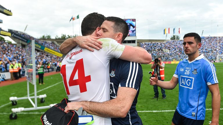 Stephen Cluxton hugs Sean Cavanagh after the game
