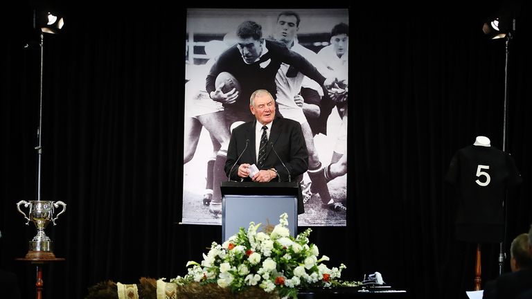 Sir Brian Lochore speaks during the funeral service for Sir Colin Meads