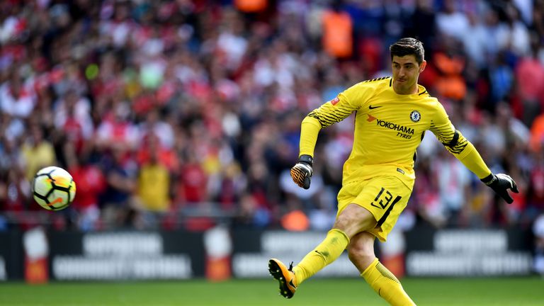 Chelsea 'keeper Thibaut Courtois blazes over the bar during the penalty shootout