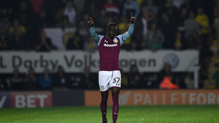 Albert Adomah celebrates scoring for Aston Villa