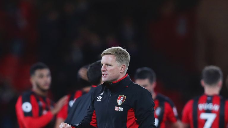 Eddie Howe celebrates after Bournemouth's first Premier League win of the season