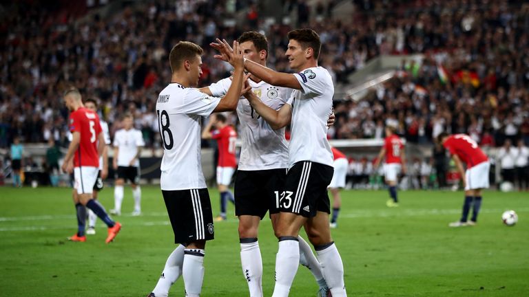 Mario Gomez celebrates during Germany's thrashing of Norway