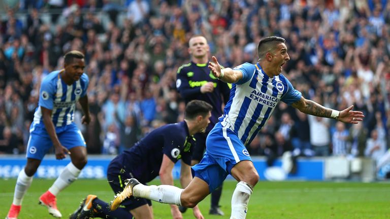 Anthony Knockaert celebrates after scoring for Brighton against Everton
