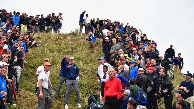 Jordan Spieth considers his options on the dramatic 13th hole at The Open