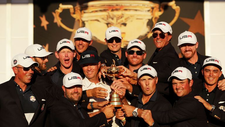 Team USA celebrate winning the 2016 Ryder Cup at Hazeltine - Europe will look to exact revenge in Paris in 2018